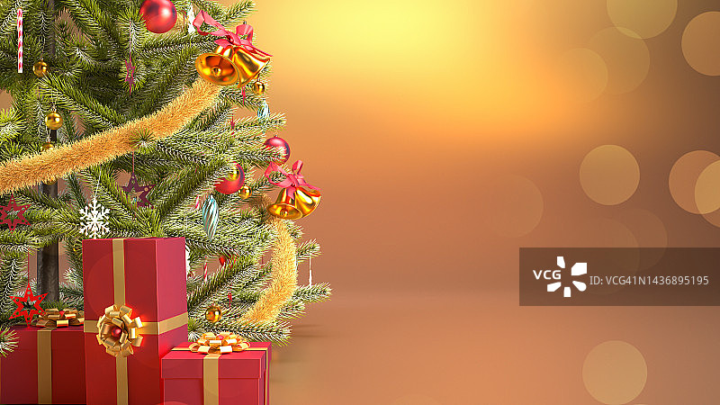 散景效果圣诞树金色背景与红色礼盒和复制空间3d渲染。图片素材