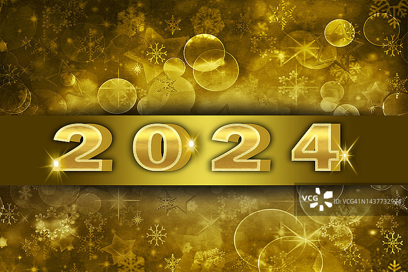 2024年新年快乐。金色的节日背景有泡泡，星星形状，雪花和丝带。图片素材