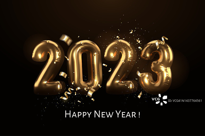 2023年新年快乐，金属金箔气球，飘落的五彩纸屑。气球数字在黑色背景在现实的3d风格。理想的贺卡，邀请，横幅。向量eps 10。图片素材