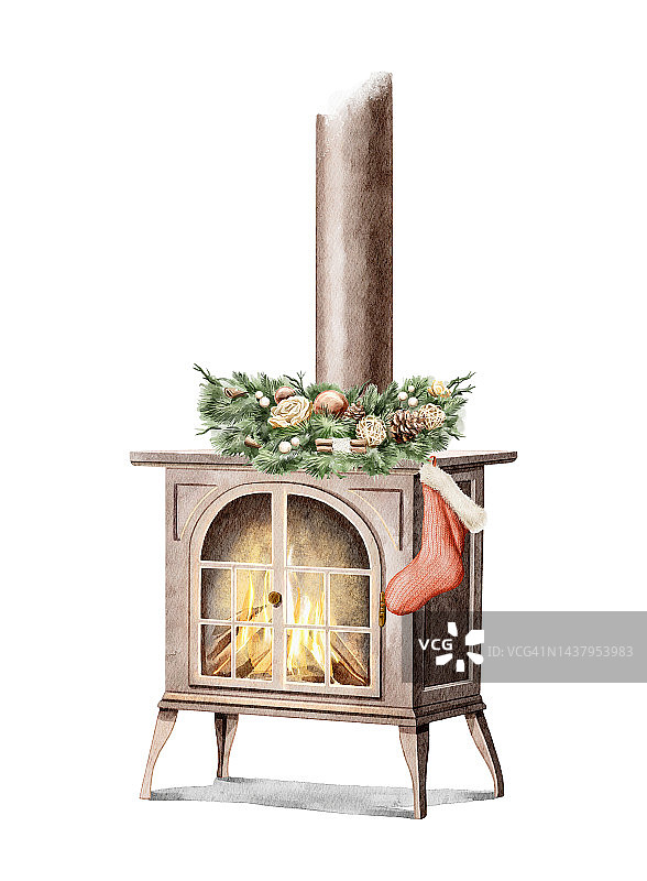 水彩圣诞卡通木烧炉和袜子图片素材