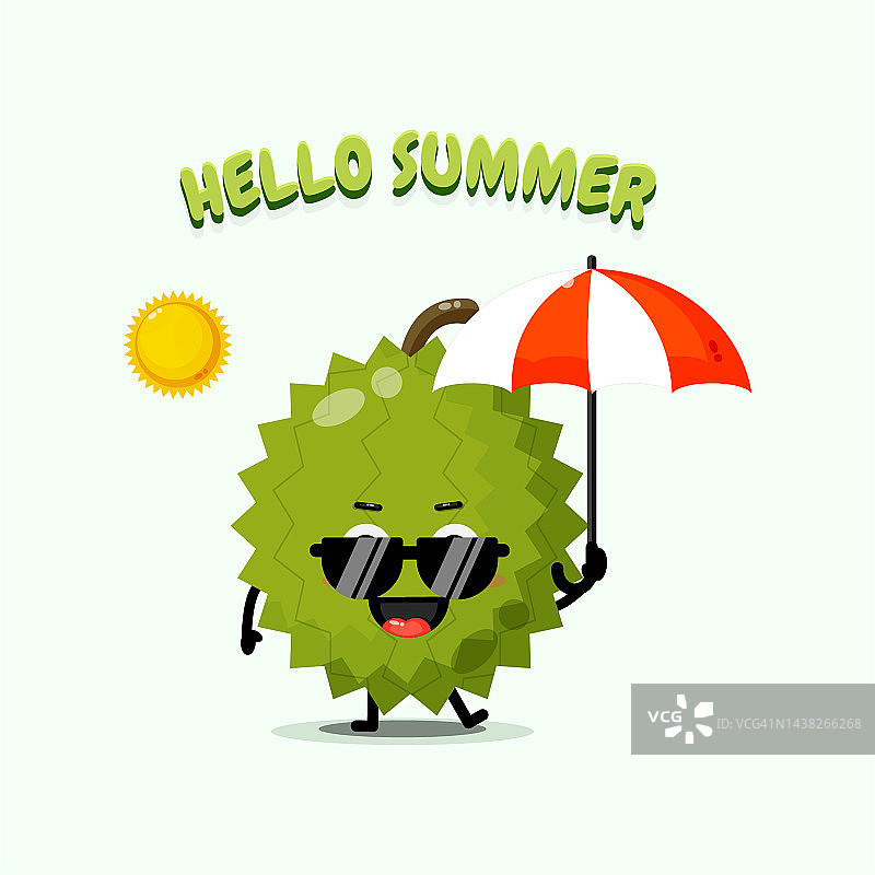 可爱的榴莲吉祥物带着雨伞迎接夏天图片素材