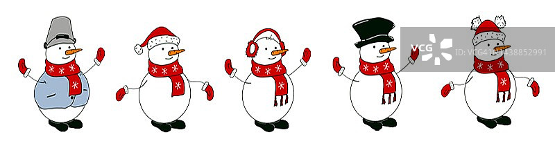 一套雪人与帽子和围巾孤立在白色背景。手绘插图图片素材