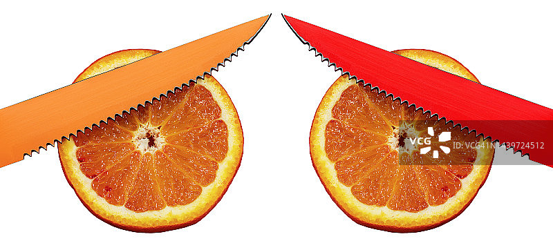 橙子片和白色背景上的彩色刀片刀图片素材