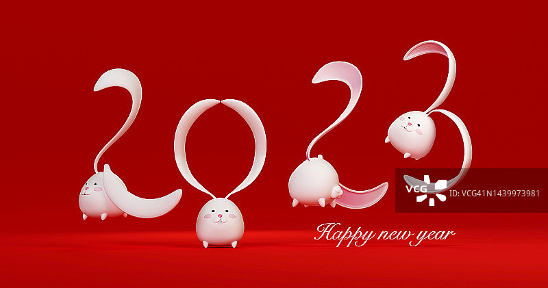 3d白色兔子角色。兔耳朵代表数字2023，在红色背景的网络横幅，中国新年。图片素材
