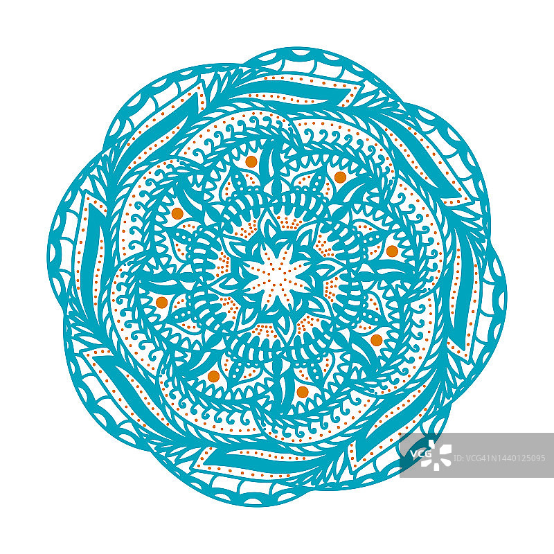 矢量插图轮廓蓝色曼荼罗花孤立在白色背景。东方民族风格圆形饰品。设计指甲花，曼海迪，纹身，花图案，装饰。图片素材