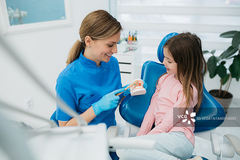 在她的办公室里，一位专业的女牙医坐在一个小女孩旁边图片素材