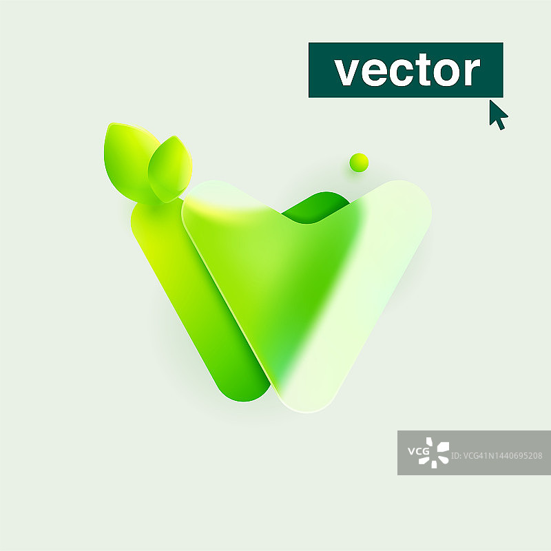 V字母生态标志在现实的玻璃形态风格。矢量模糊半透明的图标与绿色的叶子。图片素材