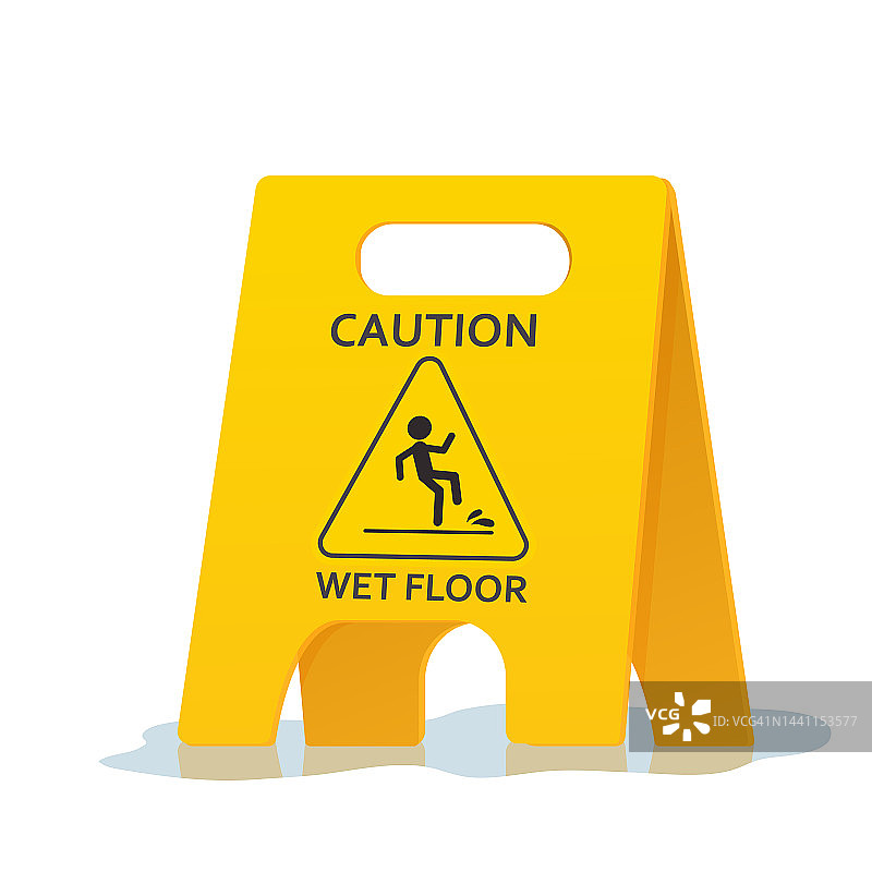 湿地警告标志，白色背景上的黄色标志。公众警告黄色符号剪辑艺术。表面光滑，当心塑料板。矢量图图片素材