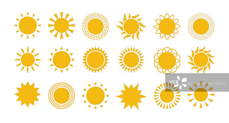 黄色扁平的太阳与光线图标在各种设计。太阳剪影图标。图形天气标志。热，温暖和气候的象征。矢量插图设置孤立的白色背景图片素材