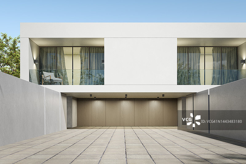 带有车库和混凝土地板的现代豪华住宅的3d效果图。图片素材