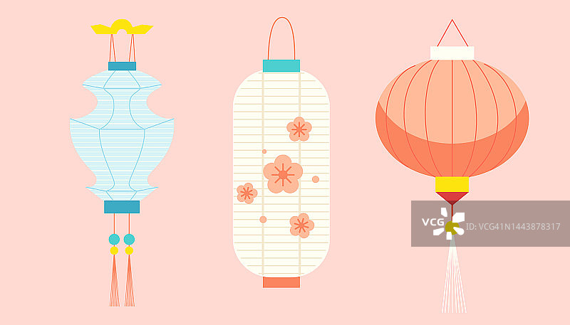 一套可爱的卡通风格的中国纸灯笼。图片素材