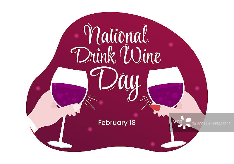 2月18日全国酒日与玻璃葡萄和瓶在平面风格卡通手绘背景模板插图图片素材
