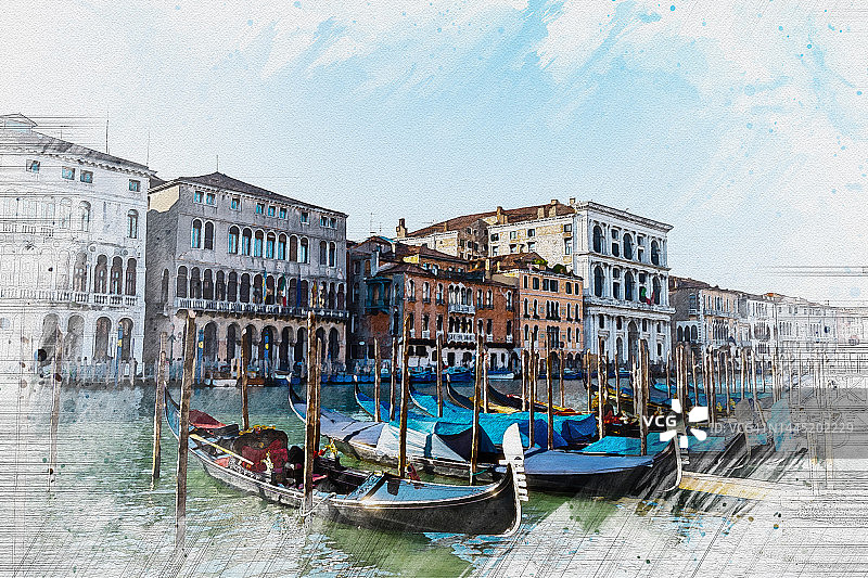 水彩画风景画威尼斯美丽的意大利地标。图片素材