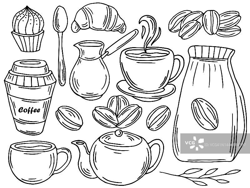 可爱的涂鸦卡通咖啡店图标。矢量轮廓手绘的咖啡和面包店为咖啡馆菜单，包括供应项目和设备隔离在白色背景。绘画风格图片素材