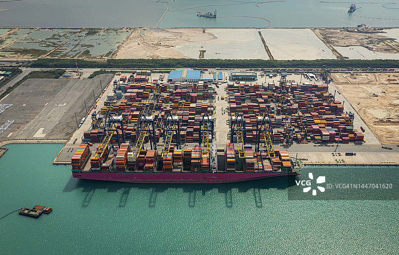 鸟瞰图码头为集装箱到集装箱货船卸货的商业港口，商务物流进出口海运或货物运输。图片素材