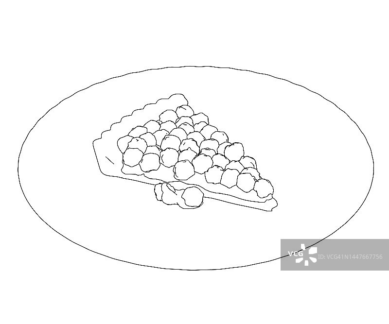 一块派的轮廓，盘子上有浆果，黑色线条孤立在白色背景上。等距视图。3 d。矢量插图。图片素材