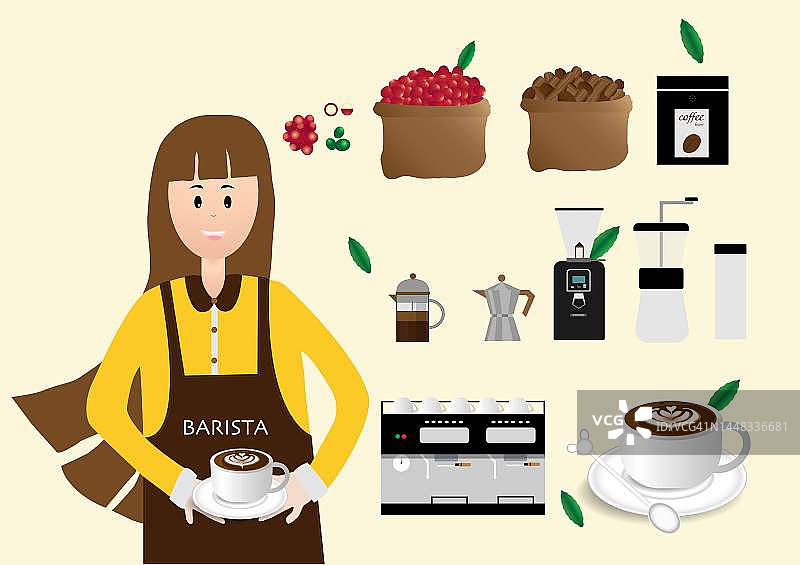 女咖啡师和咖啡机制作咖啡饮料咖啡机，壶，杯，豆孤立矢量股票插图。图片素材