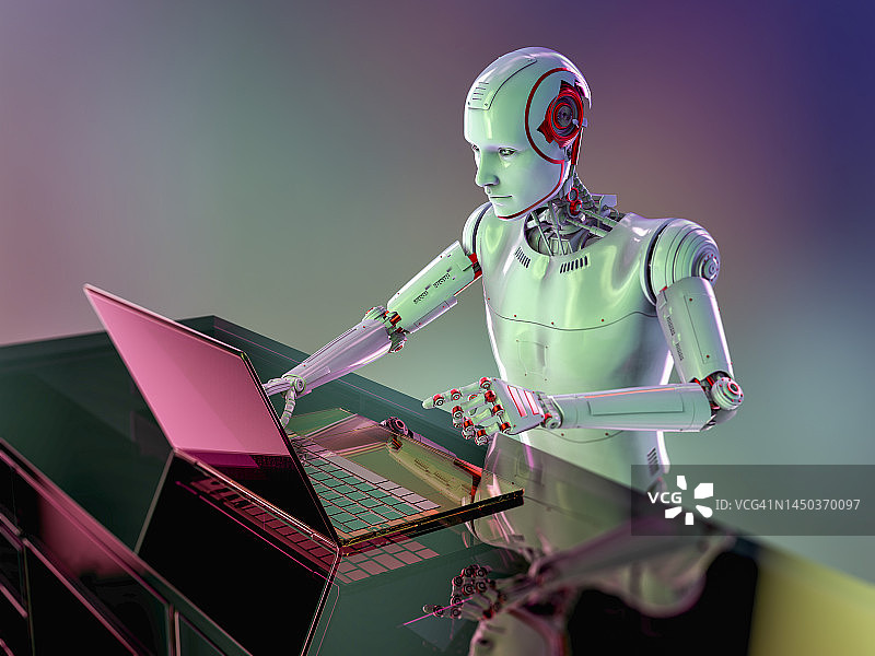 人形机器人与笔记本电脑一起工作，概念插图图片素材