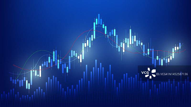 经济和金融概念。金融业务投资统计与股票市场烛台和柱状图在蓝色背景图片素材