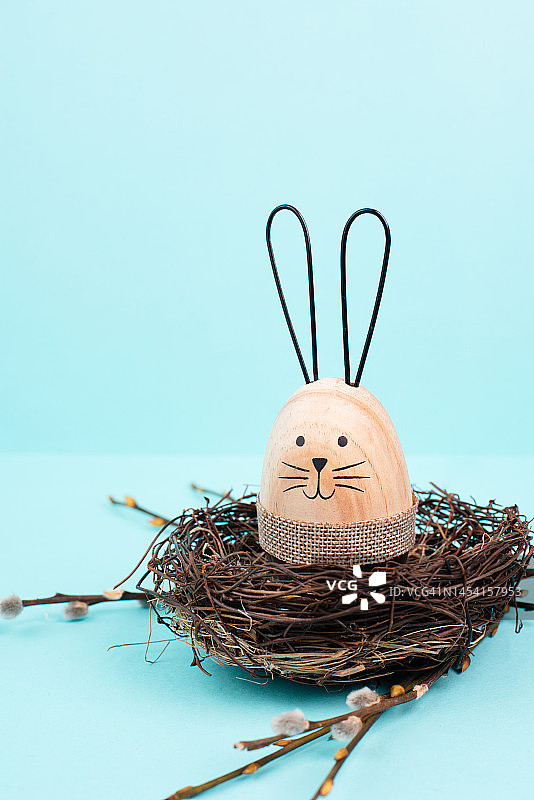 复活节兔子或小兔坐在鸟巢里，柳枝上，木蛋，春暖花开，颜色棕蓝相间图片素材