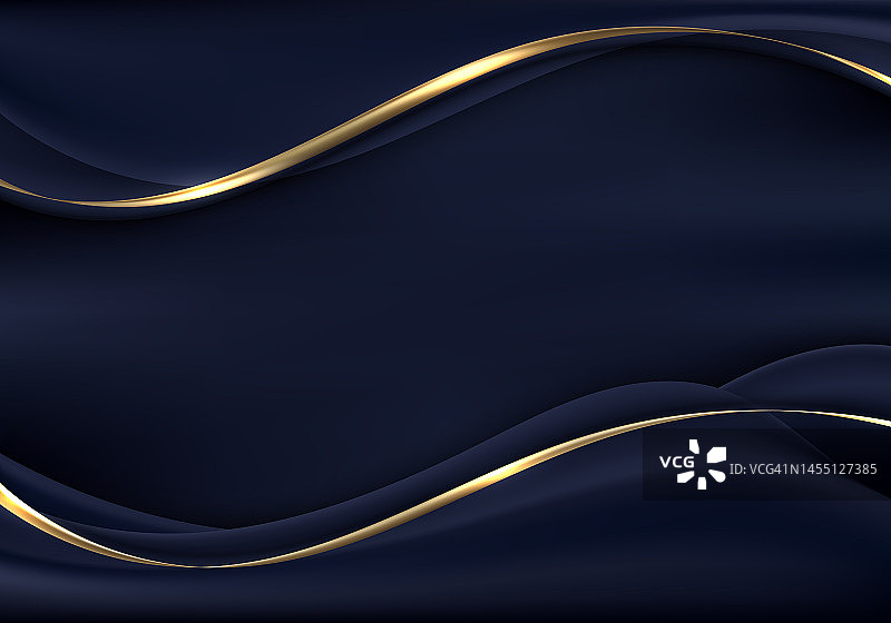三维豪华蓝色波浪形状与闪亮的金色丝带曲线装饰和照明的深蓝色背景图片素材