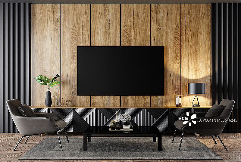 豪华的黑色和自然木材客厅内部，75英寸电视前视图图片素材