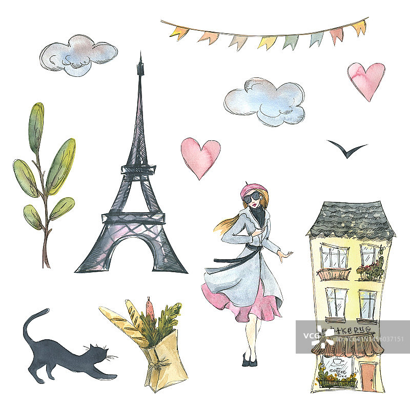 埃菲尔铁塔，巴黎人，一座房子，一个法棍面包和杂货，一只黑猫，一棵树，云朵，爱心和一圈旗子。水彩插图。巴黎系列的一套对于设计图片素材