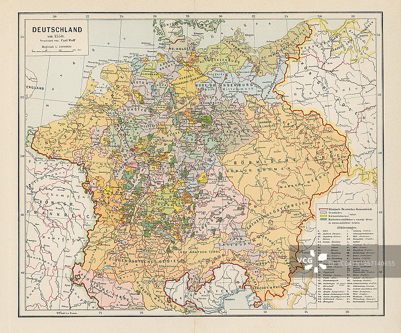 1550年左右的旧德国彩色印刷地图图片素材