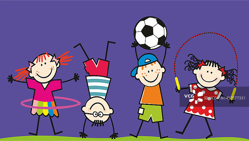 四个孩子带呼啦圈，足球和跳绳，幽默插图，eps。图片素材