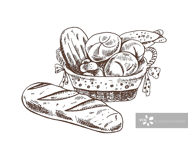 矢量手绘素描插图柳条篮子与面包和面包。在白色背景上单独绘制。草图图标和烘焙元素。图片素材