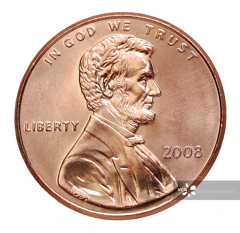 2008年的一枚硬币，林肯总统在白色背景上图片素材