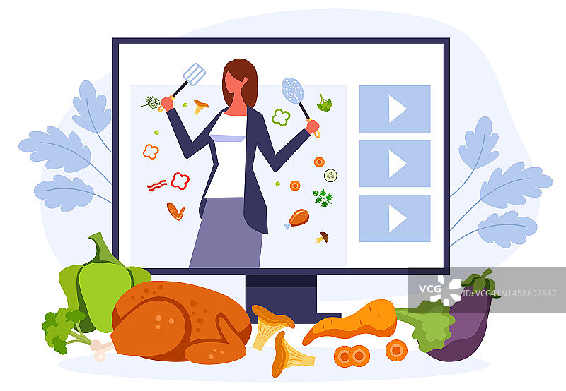烹饪视频频道博客概念。博主厨师准备食物。矢量设计图解图片素材