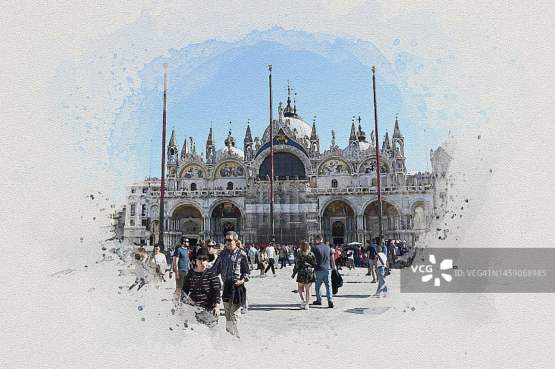水彩画威尼斯的城市风景是意大利著名的地标。图片素材