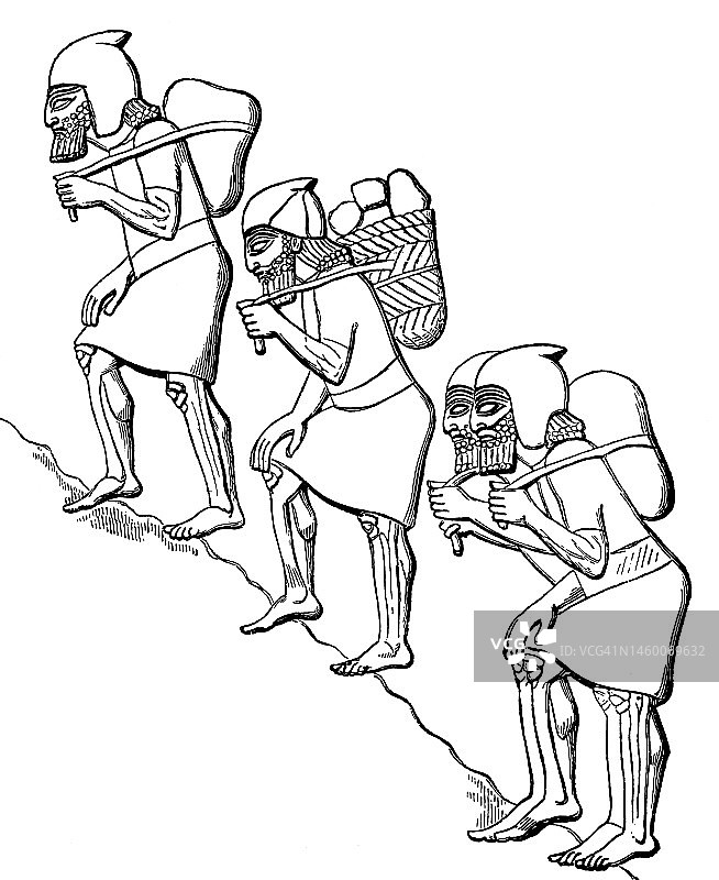 古雕刻插图，犹太囚犯在西拿基立国王(新亚述帝国的国王)统治下被奴役。图片素材