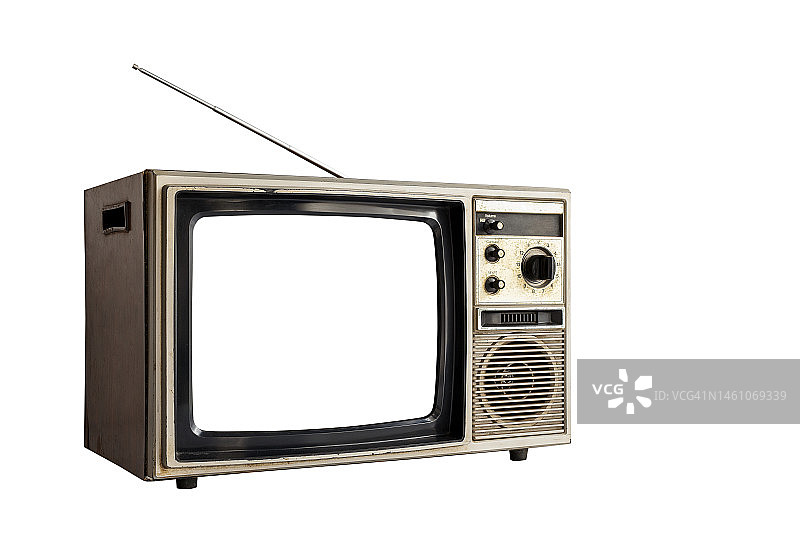 复古老式电视剪出白色屏幕孤立在白色背景上，裁剪路径图片素材