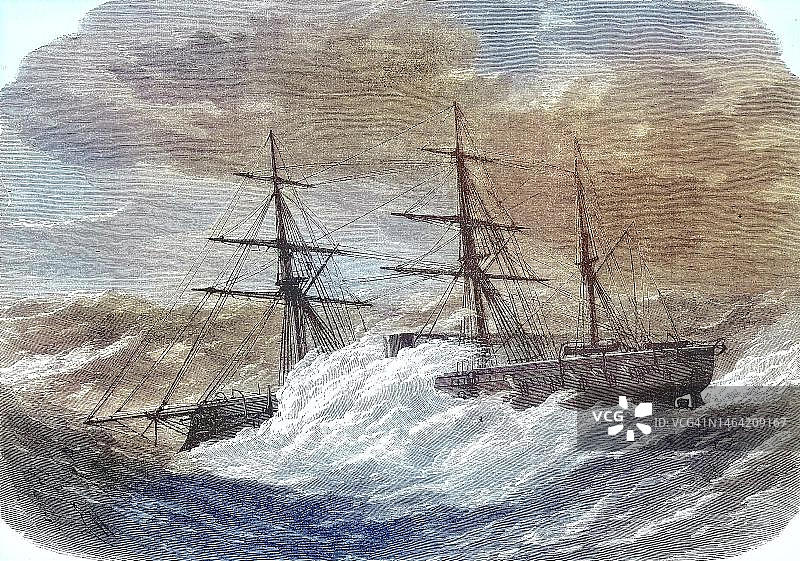 奥斯曼土耳其舰队的船，三大师马哈茂德耶，苏丹马哈茂德，1869年，土耳其，历史性的，数字修复的原始19世纪绘画的复制品，确切的原始日期未知图片素材