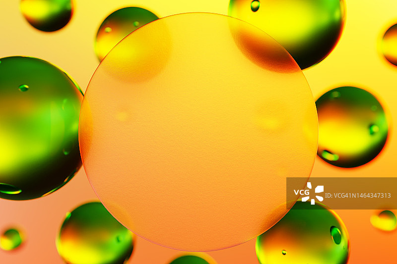 彩色化学3D气泡，球体，滴和地方的文本在绿色，黄色和橙色梯度背景。图片素材