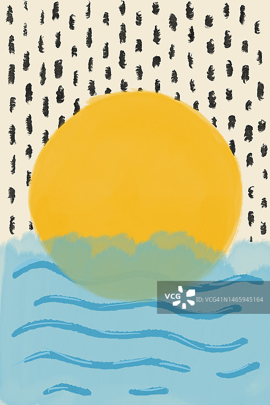 数字插图在极简抽象风格的一个大黄色太阳在海上，米色和黑色背景。手工绘画，自然和夏天的概念。图片素材