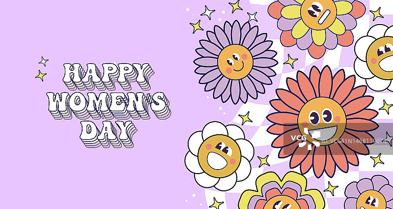 七十年代复古花权力背景与嬉皮花。国际妇女节。3月8日。母亲的一天。彩色粉彩插图在70年代60年代的复古风格。图片素材
