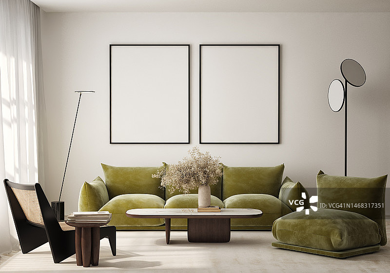 客厅墙上的海报框架模型。现代设计的豪华公寓背景。现代室内设计。3D渲染，3D插图。图片素材