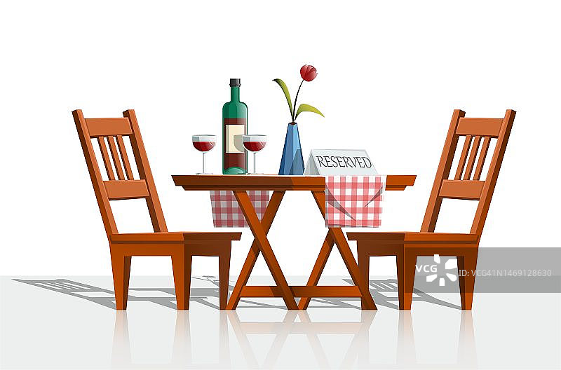 卡通风格的浪漫餐桌，配有椅子和木桌，红酒瓶，玻璃杯和花瓶，玫瑰和招牌保留。图片素材