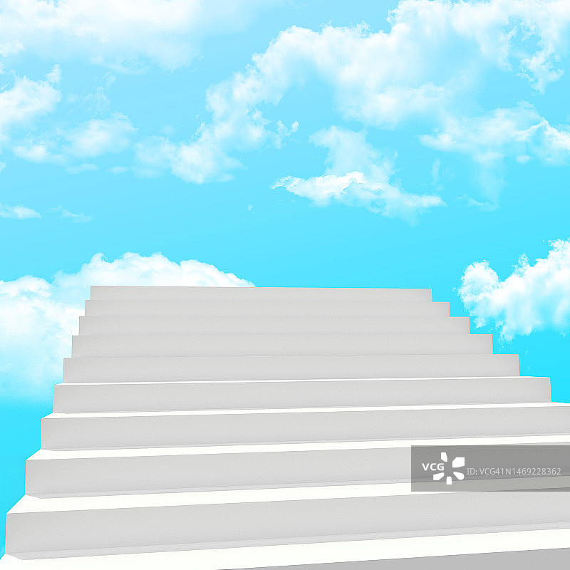 数字图片的3D楼梯上升在蓝天与云的顶部。图片素材
