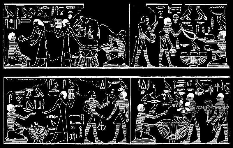 从第15王朝时期的埃及坟墓中出土的古老雕刻插图描绘了当时的易货市场图片素材