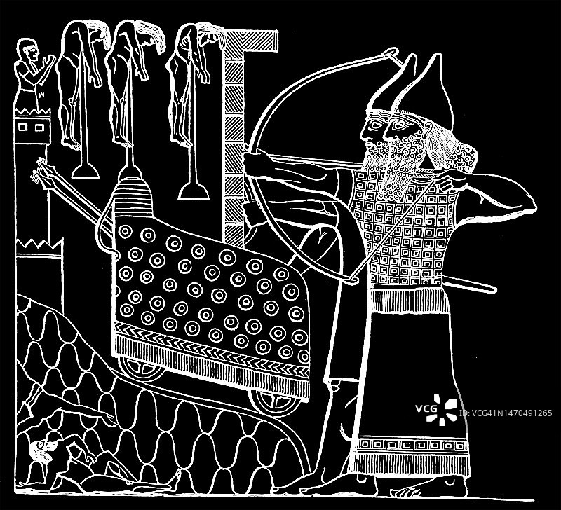 古老的雕刻插图的场景，从围攻刺穿囚犯，救济尼姆鲁德，伊拉克图片素材