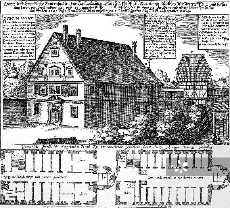 1627年德国多恩海姆的主教约翰·格奥尔格二世在班贝格建造的Drudenhaus, Malefizhaus, Trudenhaus, Hexenhaus, Hexengefaengnis铜版画，历史图像或插图，1890年出版，数字改进，铜图片素材