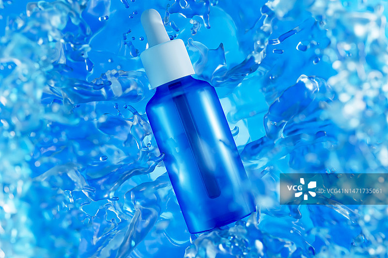 蓝瓶面精华液，透明质酸，精油水滴。用于化妆和皮肤护理的化妆品。3 d模式。图片素材