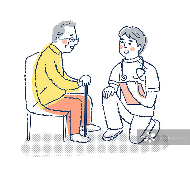 一个医务人员蹲着和一个老人说话图片素材