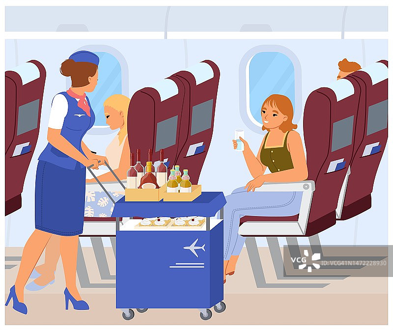 空乘人员在飞机上为乘客提供饮料图片素材