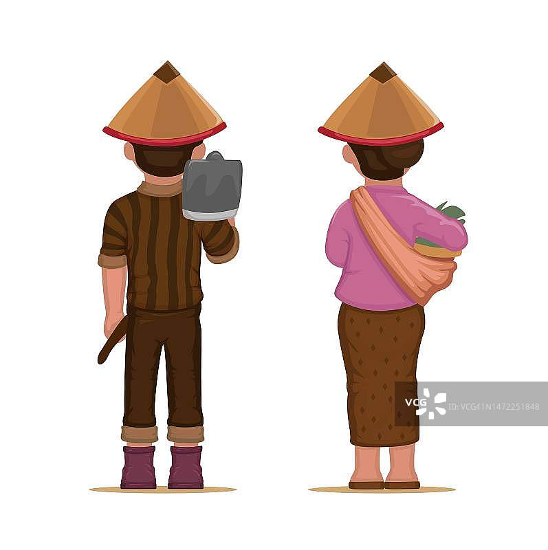 亚洲农民工人夫妇从后视图字符集卡通插图矢量图片素材