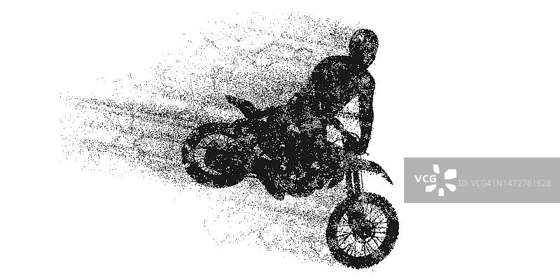 一个摩托车越野骑手的抽象剪影，男人正在做一个魔术，孤立在白色背景上。Enduro摩托车运动运输。矢量图图片素材